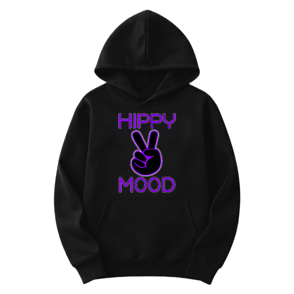Black hoodie with purple 'Hippy Mood' text and peace sign on a white background