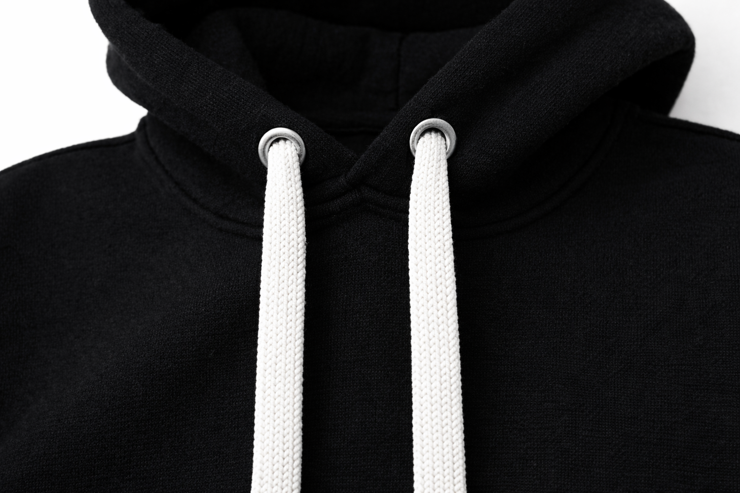 Black hoodie with white drawstrings on a white background