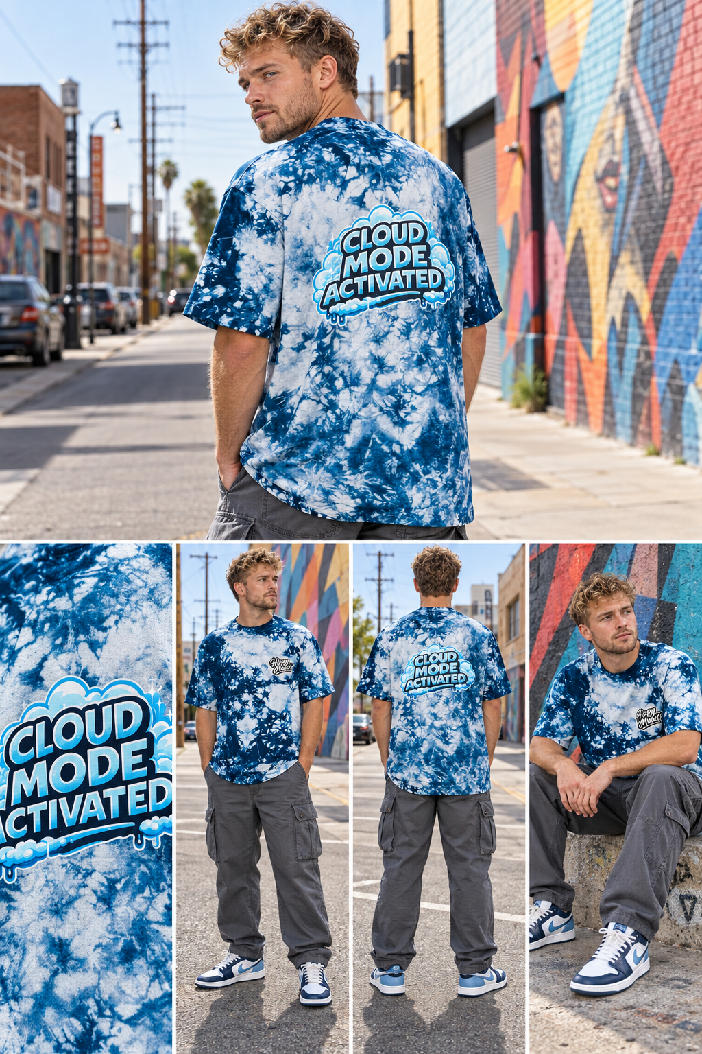 Cloud Mode Activated Oversized-T-Shirt mit Batikmuster