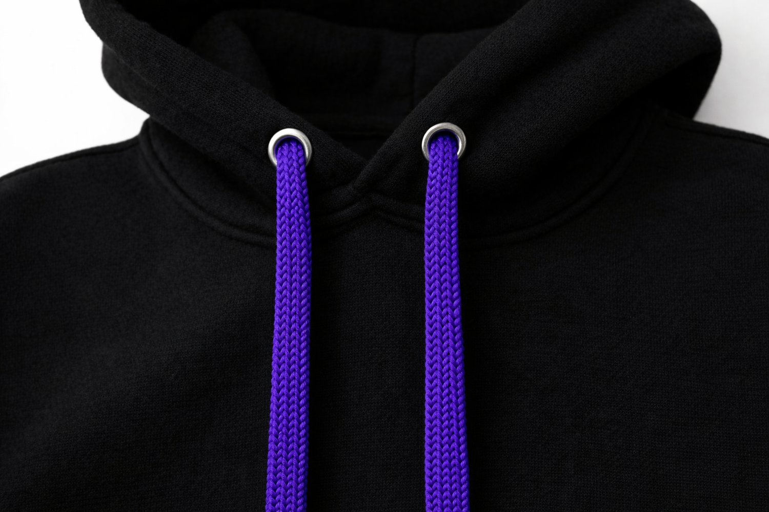 Black hoodie with purple drawstrings on a white background