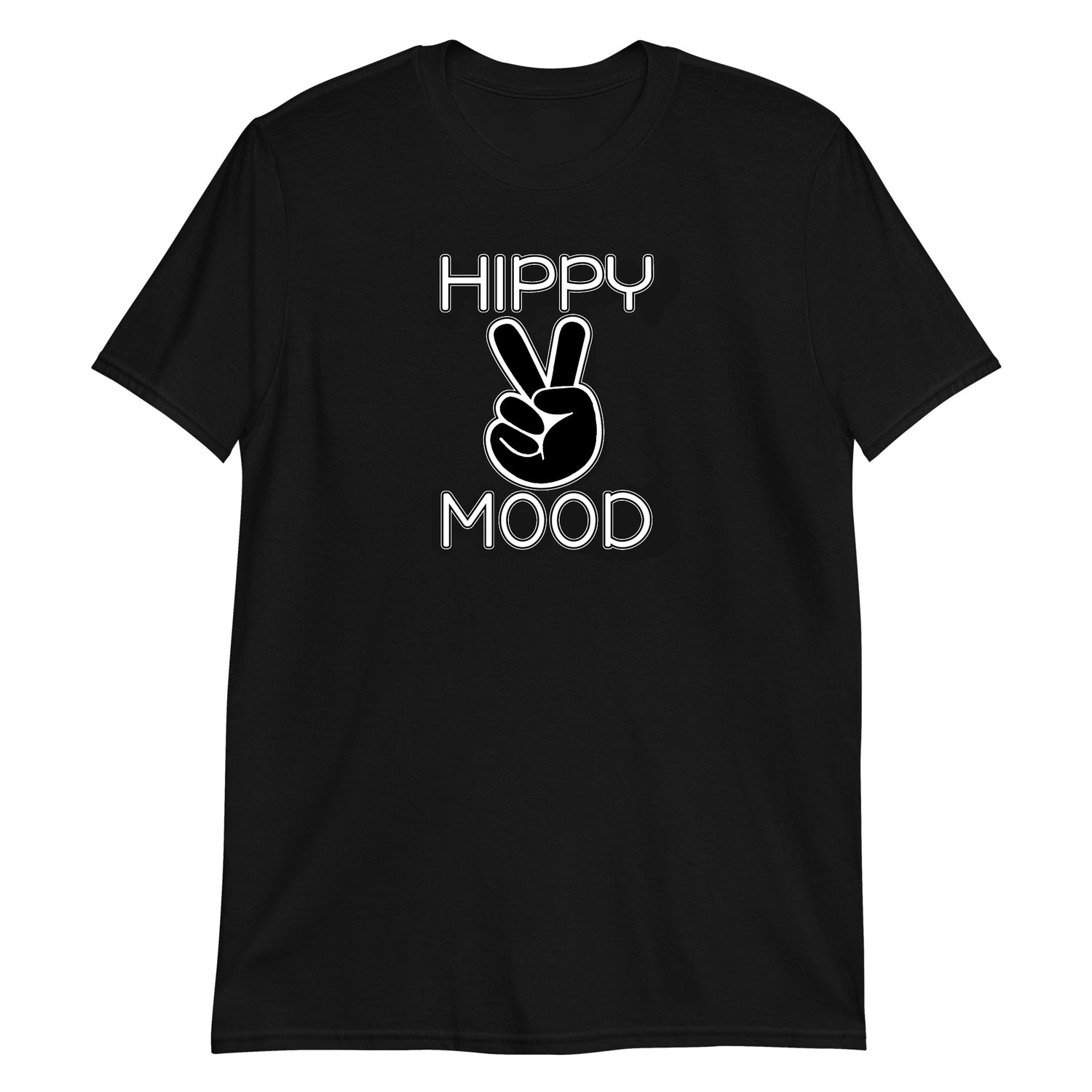 Black t-shirt with 'HIPPY MOOD' text and peace sign on a white background