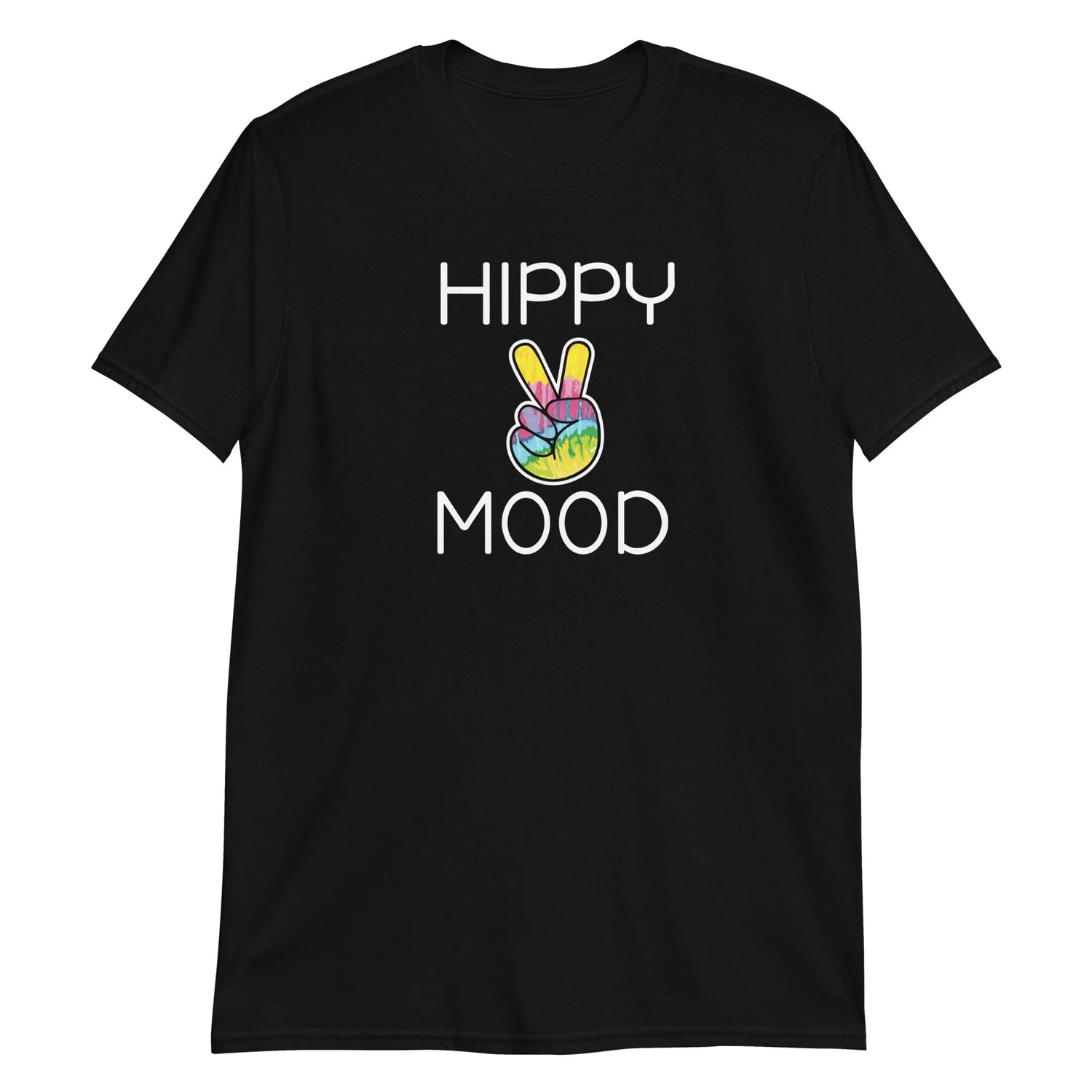 Black t-shirt with 'HIPPY MOOD' text and peace sign design on a white background