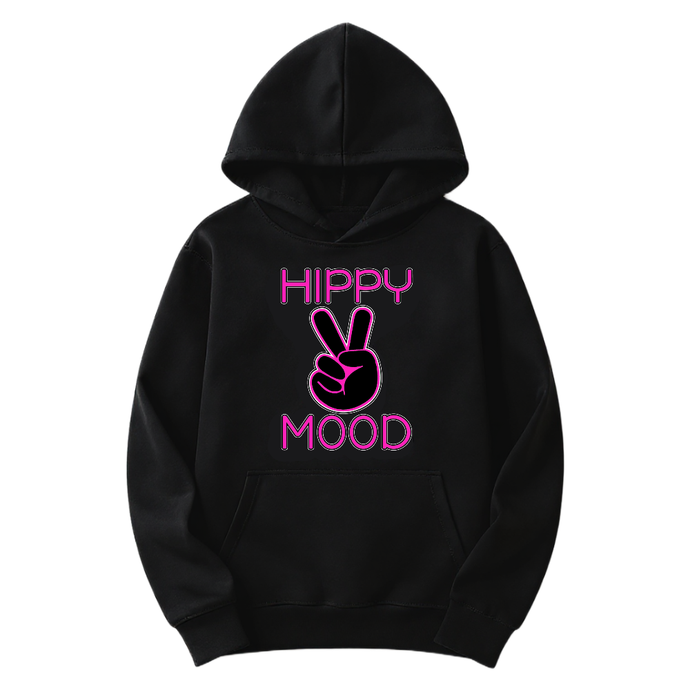 Black hoodie with pink 'HIPPY MOOD' text and peace sign on a white background
